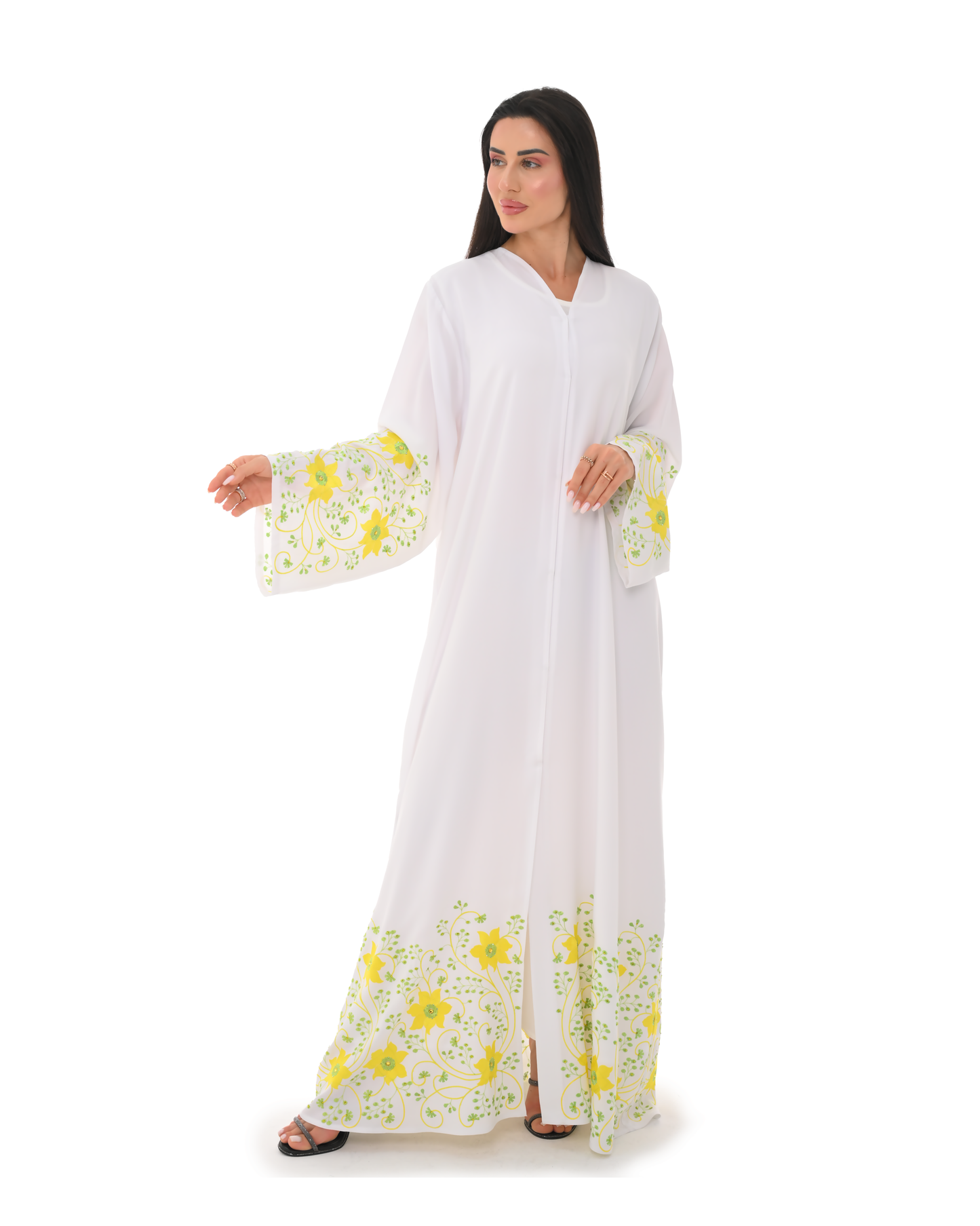 Off-White Abaya With Floral Embroidery