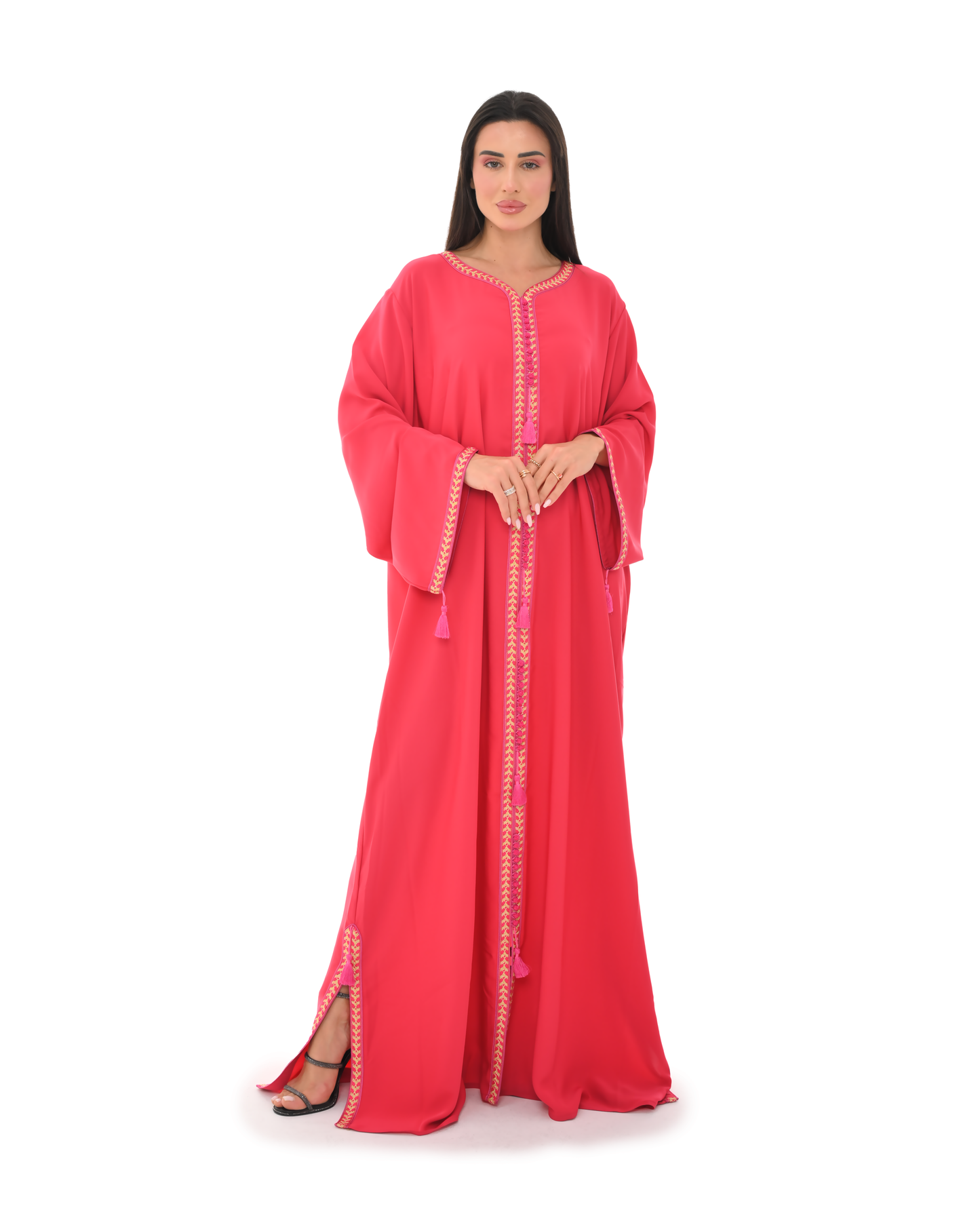 Vibrant Pink Jalabiya with Golden Embroidery & Tassel Accents