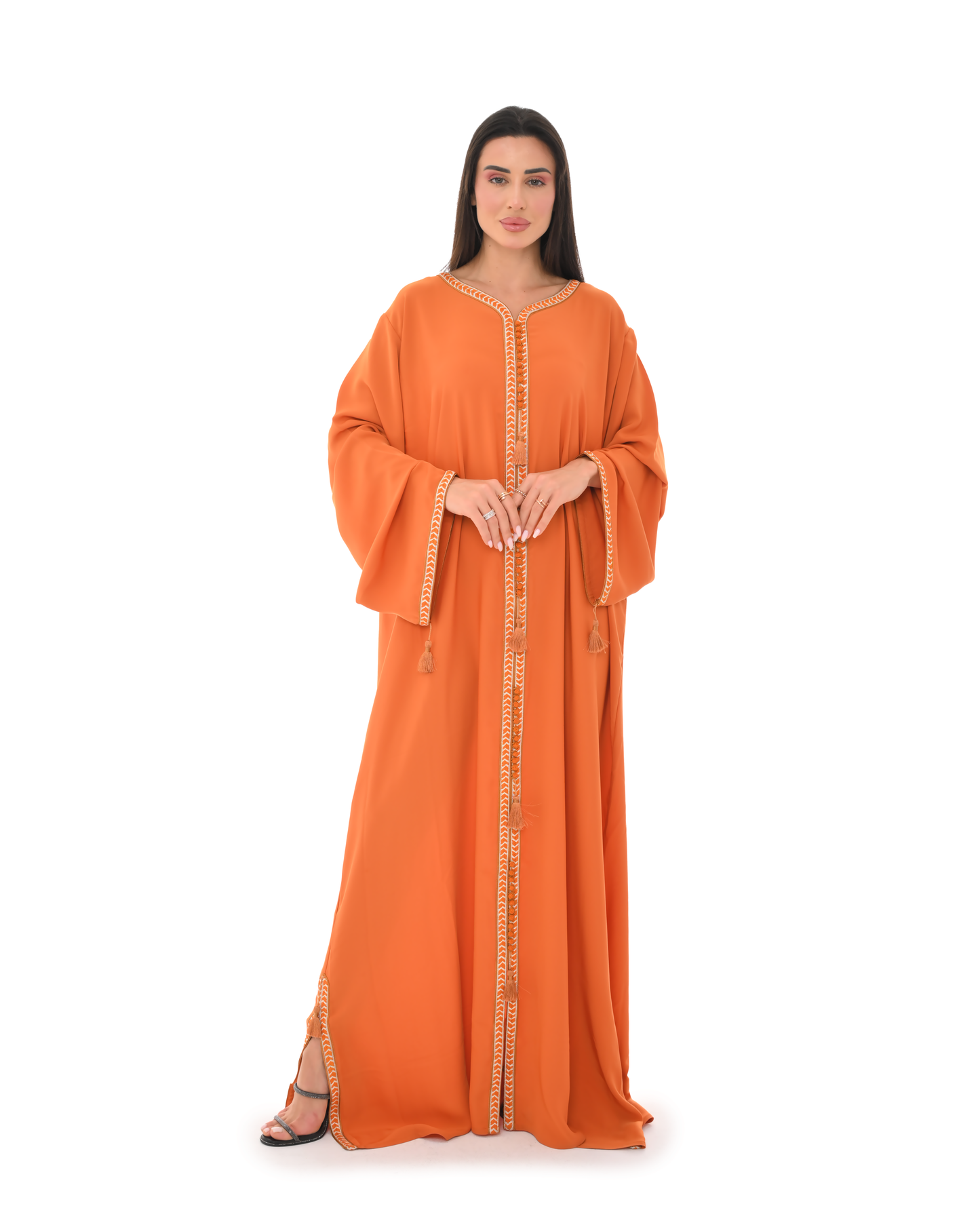 Bold Orange Abaya With Embroidery & Tassels