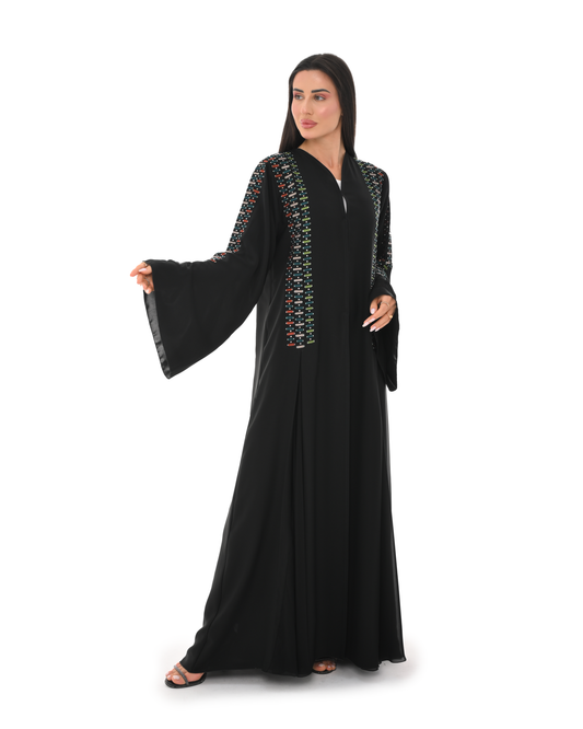 Black Abaya with Multicolor Crystals Embellishments