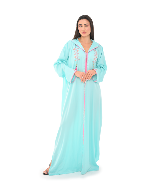 Hooded Abaya with Pink Embroidery & Tassels