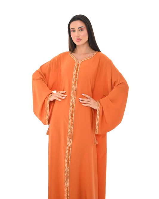 Bold Orange Abaya With Embroidery & Tassels