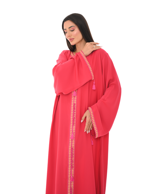Vibrant Pink Jalabiya with Golden Embroidery & Tassel Accents