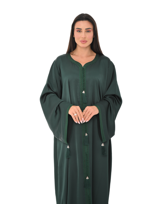 Green Jalabiya With Embroidery & Tassel Accents