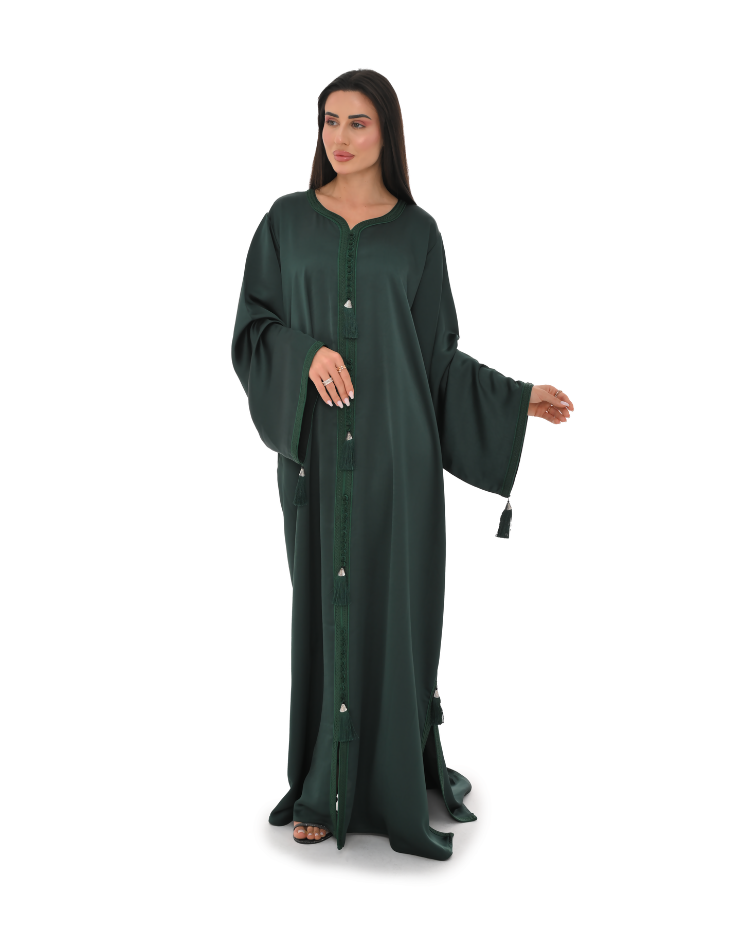 Green Jalabiya With Embroidery & Tassel Accents