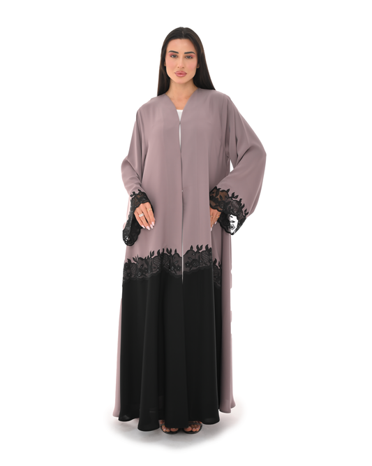 Two-Tone Abaya with Black Lace Embellishment by Hanayen